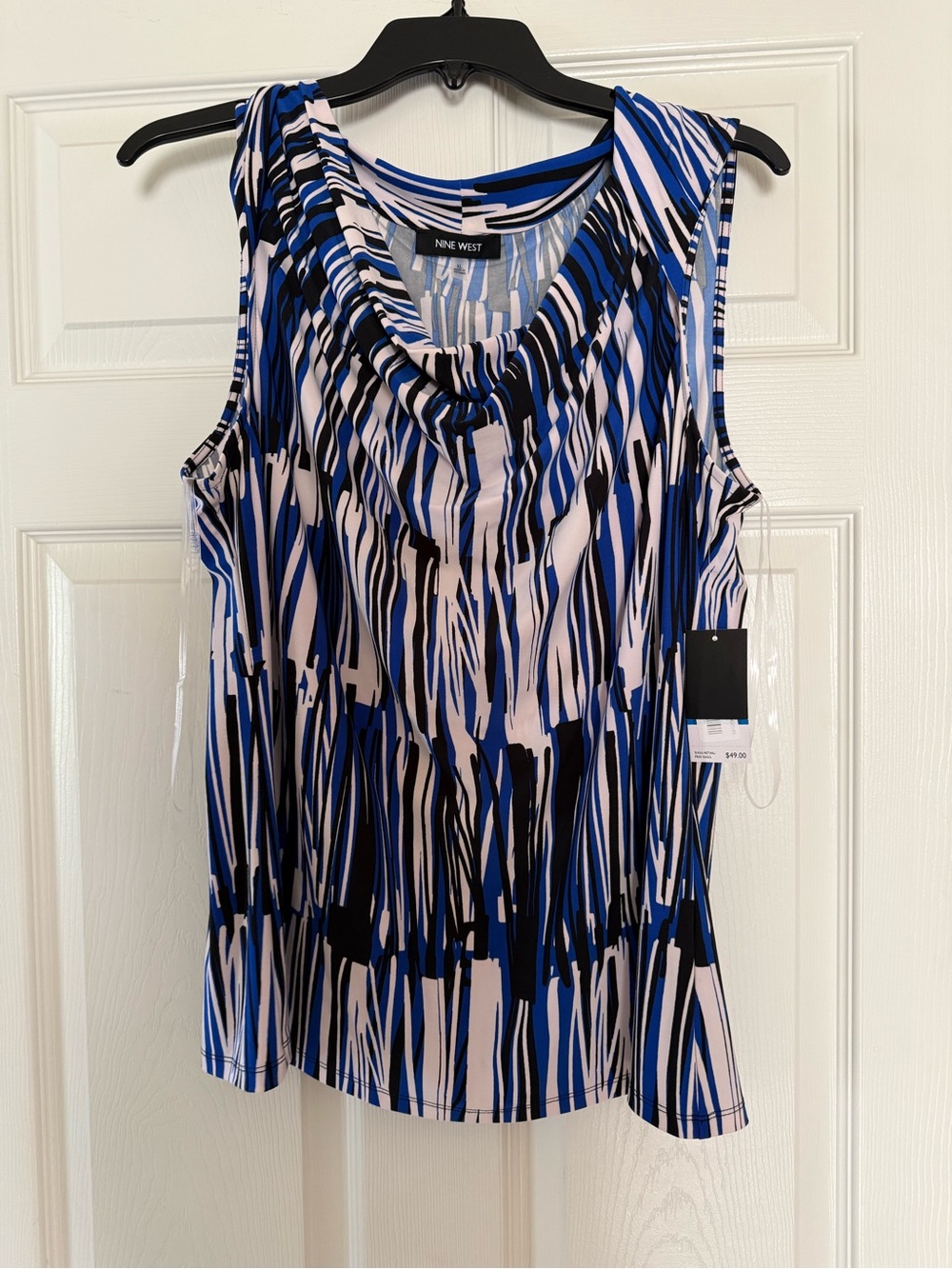 Nine West Blue Black and White Abstract Cowl Neck Sleeveless Top